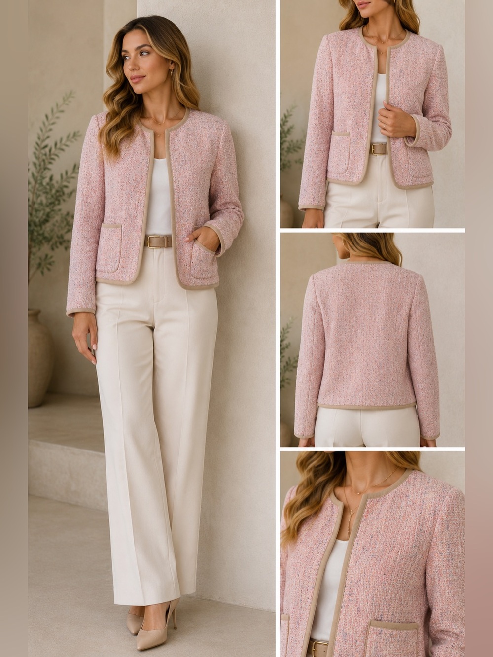 JONES NEW YORK SIGNATURE Pink & Tan Tweed Wool Blazer Pockets Vintage Retro